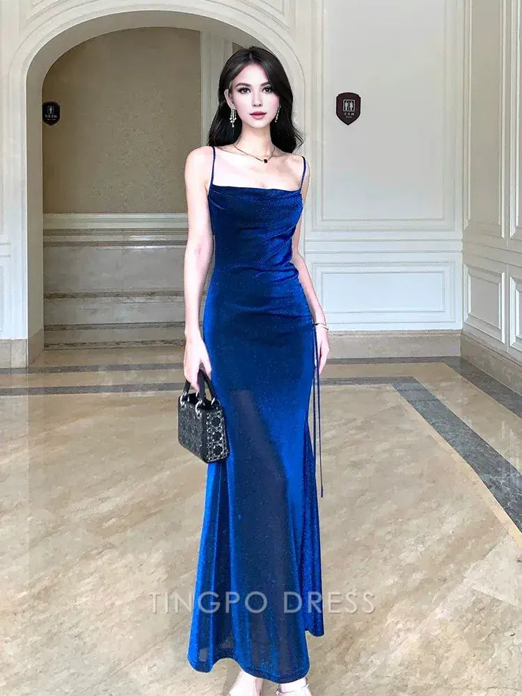 TingPo Wholesale Elegant Pretty Sheath Straps Floor Length Royal Blue Slit Prom Dresses Simple Evening Dress