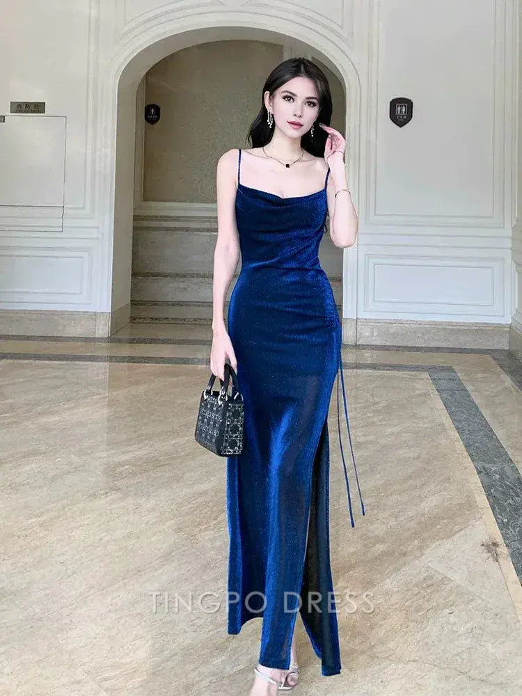 TingPo Wholesale Elegant Pretty Sheath Straps Floor Length Royal Blue Slit Prom Dresses Simple Evening Dress