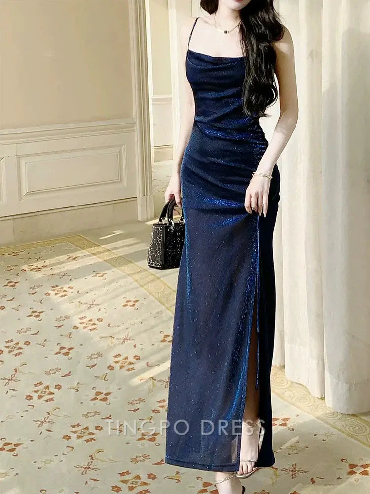 TingPo Wholesale Elegant Pretty Sheath Straps Floor Length Royal Blue Slit Prom Dresses Simple Evening Dress