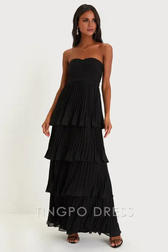 TingPo Wholesale Elegant Seriously Sensational Black Strapless Tiered Maxi Dress formal wear dresses