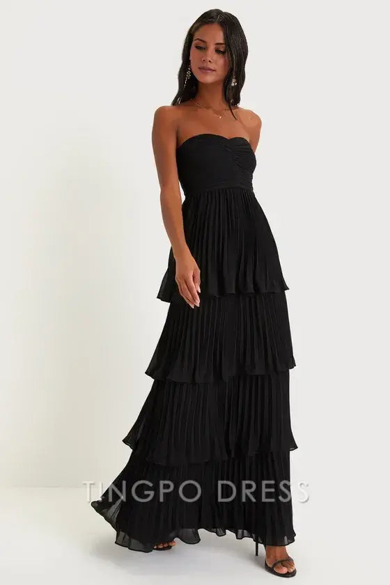 TingPo Wholesale Elegant Seriously Sensational Black Strapless Tiered Maxi Dress formal wear dresses