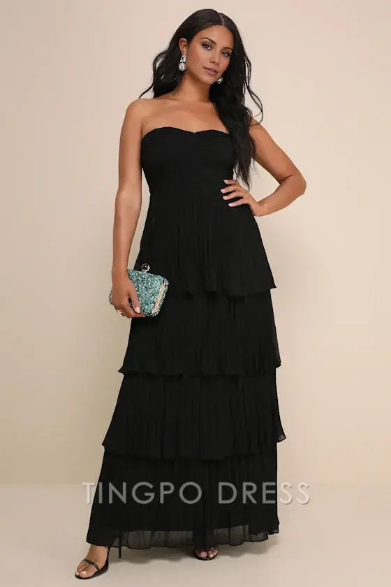 TingPo Wholesale Elegant Seriously Sensational Black Strapless Tiered Maxi Dress formal wear dresses