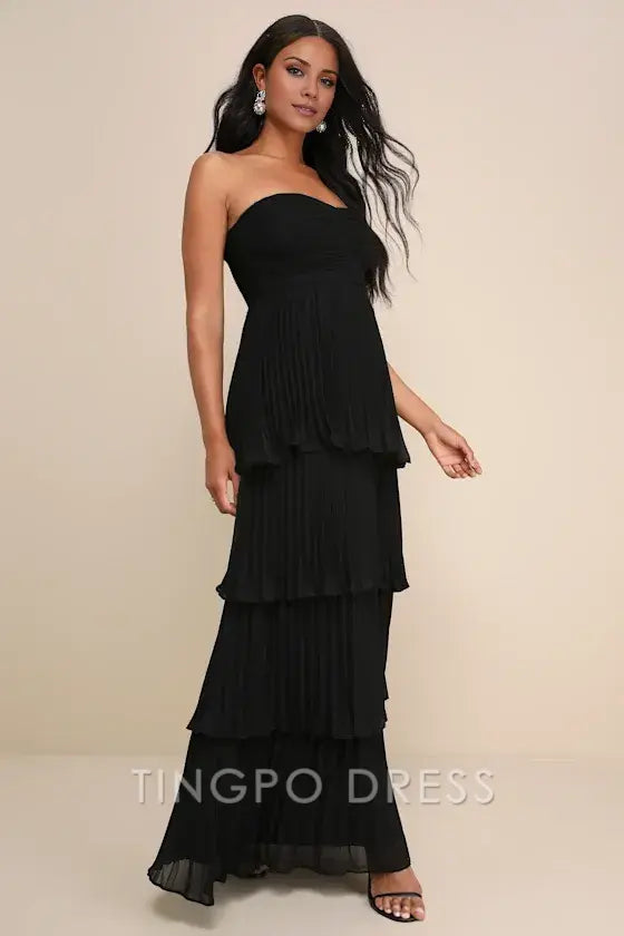 TingPo Wholesale Elegant Seriously Sensational Black Strapless Tiered Maxi Dress formal wear dresses