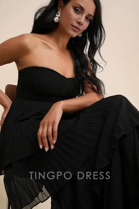 TingPo Wholesale Elegant Seriously Sensational Black Strapless Tiered Maxi Dress formal wear dresses