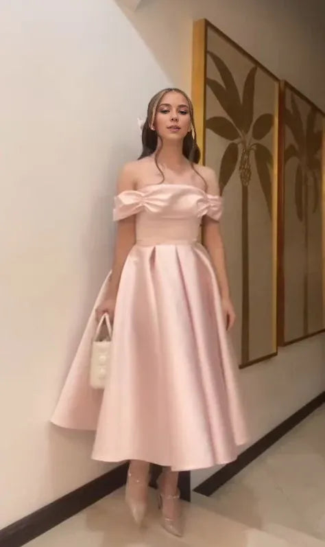TingPo Wholesale Elegant Sexy A Line Off The Shoulder Light Pink Satin Evening Dress Prom Dresses Birthday Outfits