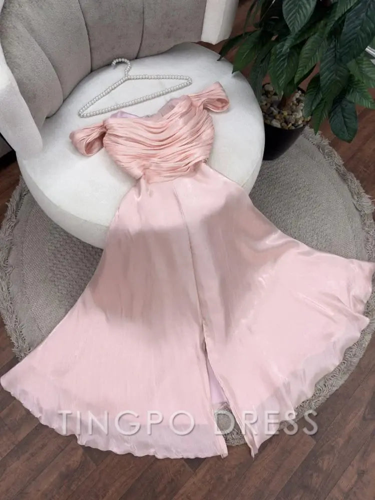 TingPo Wholesale Elegant Sexy A Line Off The Shoulder Strapless Pink Long Prom Dresses Evening Dress With Ruffles