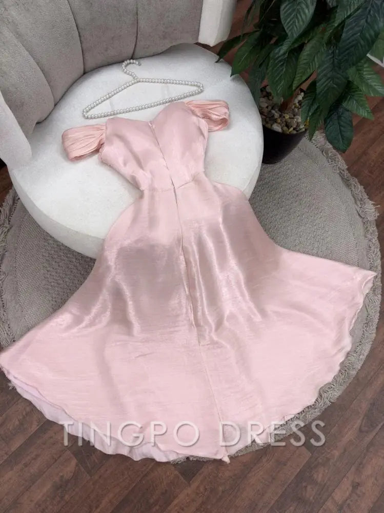 TingPo Wholesale Elegant Sexy A Line Off The Shoulder Strapless Pink Long Prom Dresses Evening Dress With Ruffles