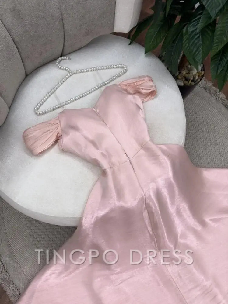 TingPo Wholesale Elegant Sexy A Line Off The Shoulder Strapless Pink Long Prom Dresses Evening Dress With Ruffles