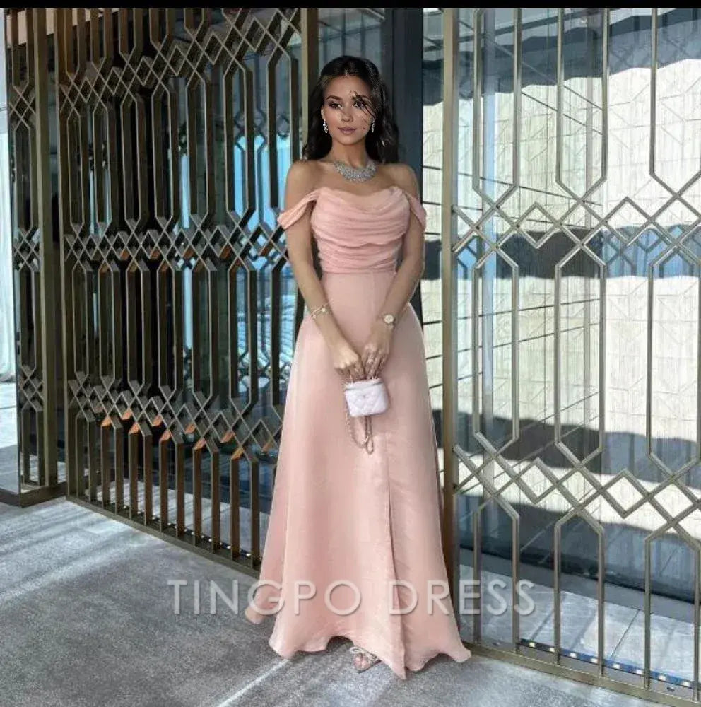 TingPo Wholesale Elegant Sexy A Line Off The Shoulder Strapless Pink Long Prom Dresses Evening Dress With Ruffles