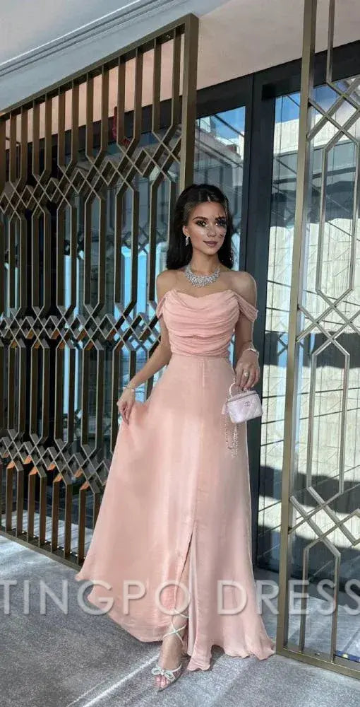 TingPo Wholesale Elegant Sexy A Line Off The Shoulder Strapless Pink Long Prom Dresses Evening Dress With Ruffles