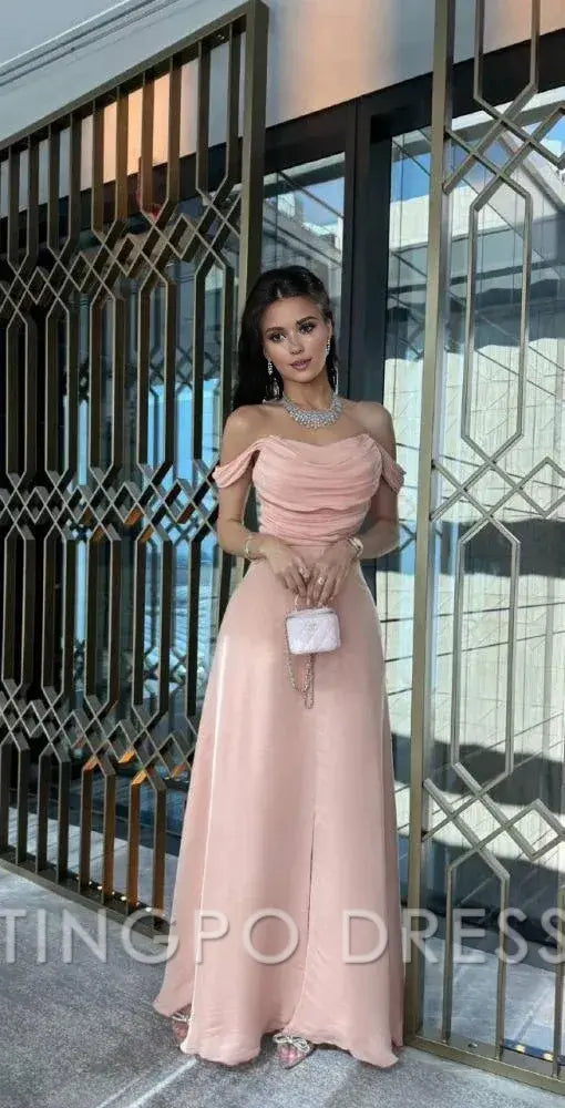 TingPo Wholesale Elegant Sexy A Line Off The Shoulder Strapless Pink Long Prom Dresses Evening Dress With Ruffles