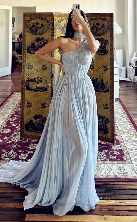 TingPo Wholesale Elegant Sexy A Line One Shoulder Light Sky Blue Chiffon Long Evening Dress Prom Dresses Birthday Outfits