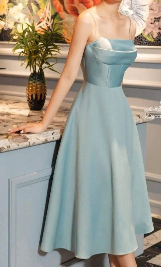 TingPo Wholesale Elegant Sexy A Line Spaghetti Straps Light Sky Blue Satin Evening Dress Prom Dresses Birthday Outfits