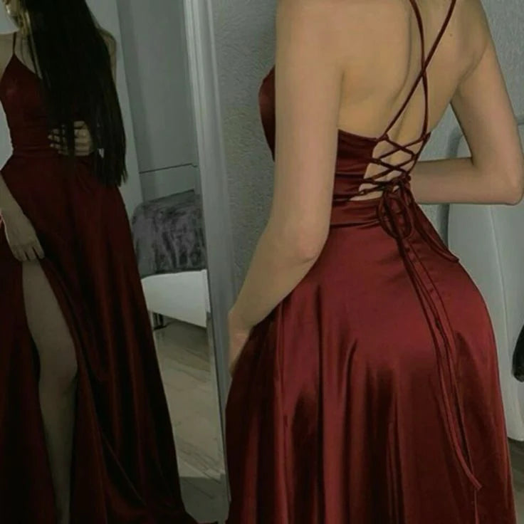 TingPo Wholesale Elegant Sexy A line Spaghetti Straps Slim Fit Red Long Prom Dress Slit Evening Dresses