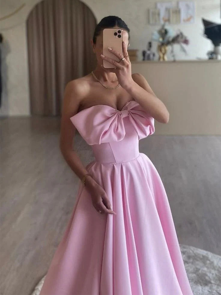 TingPo Wholesale Fancy A-Line Pink Satin Long Prom Dress Pink Long Formal Dress Evening Gowns