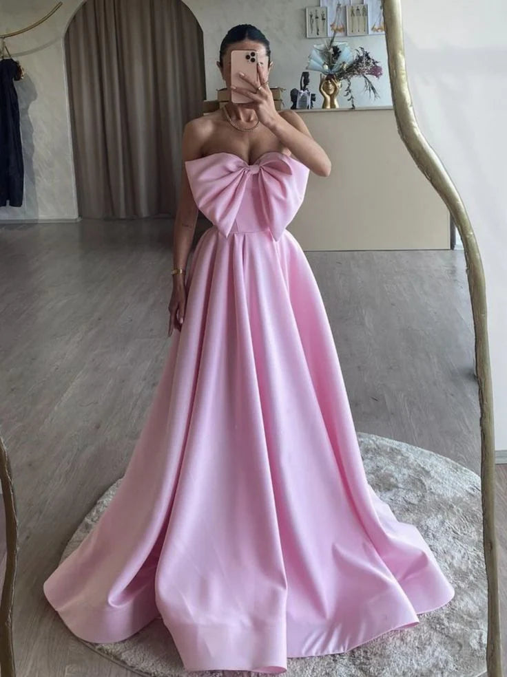 TingPo Wholesale Fancy A-Line Pink Satin Long Prom Dress Pink Long Formal Dress Evening Gowns