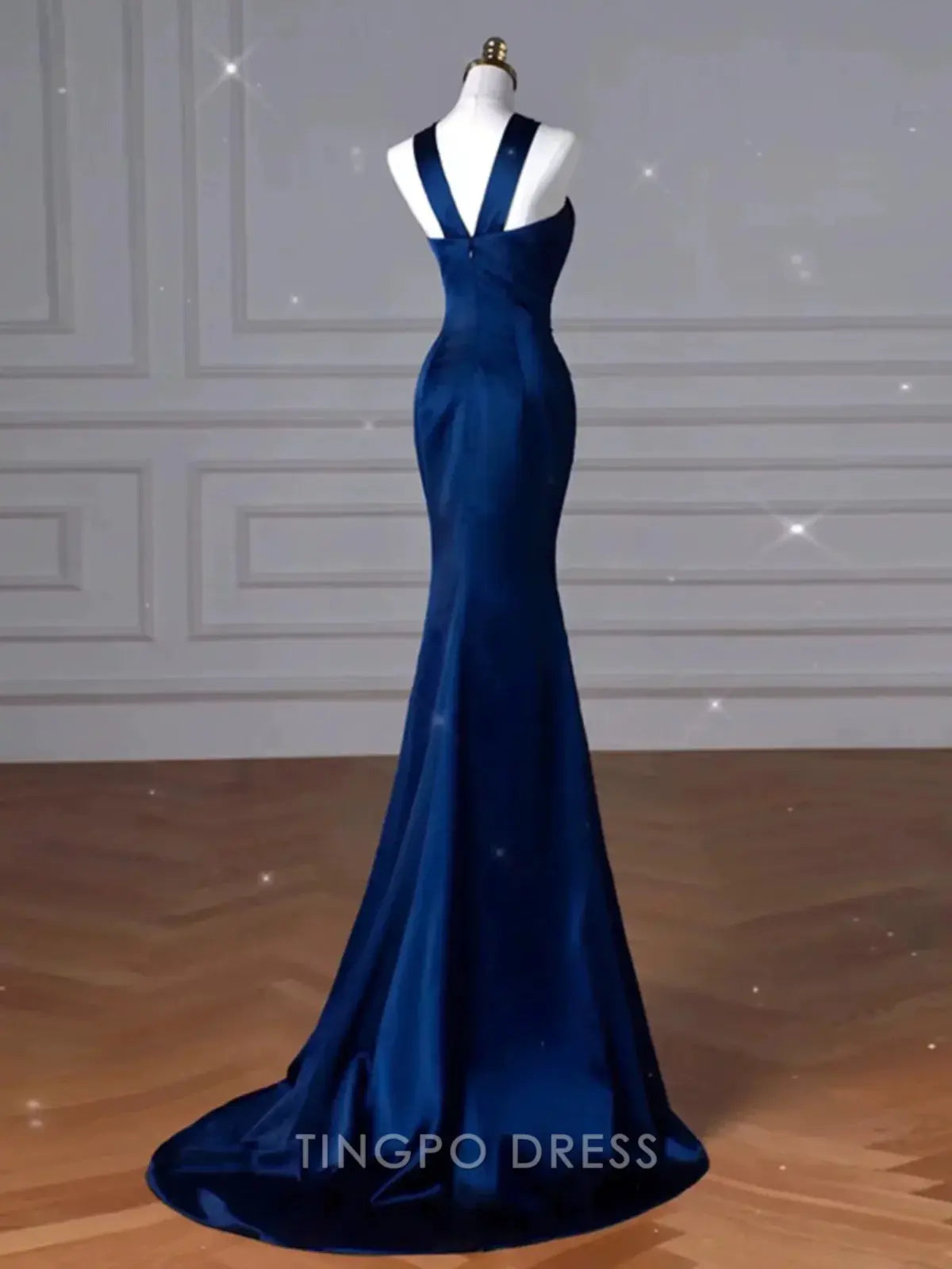 TingPo Wholesale Elegant Sexy Mermaid High Neckline Navy Blue Satin Evening Dress Long Prom Dresses Party Dress With Ruffles