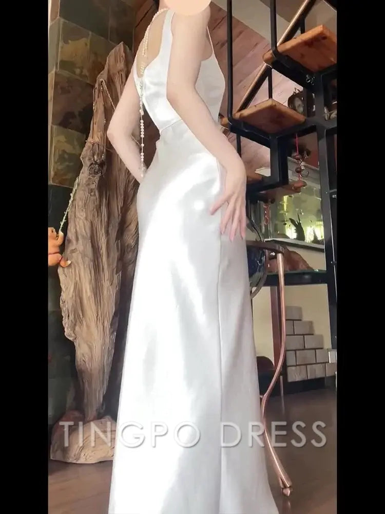 TingPo Wholesale Elegant Sexy Mermaid Square Neckline White Slit Long Evening Dress Prom Dresses Birthday Outfits