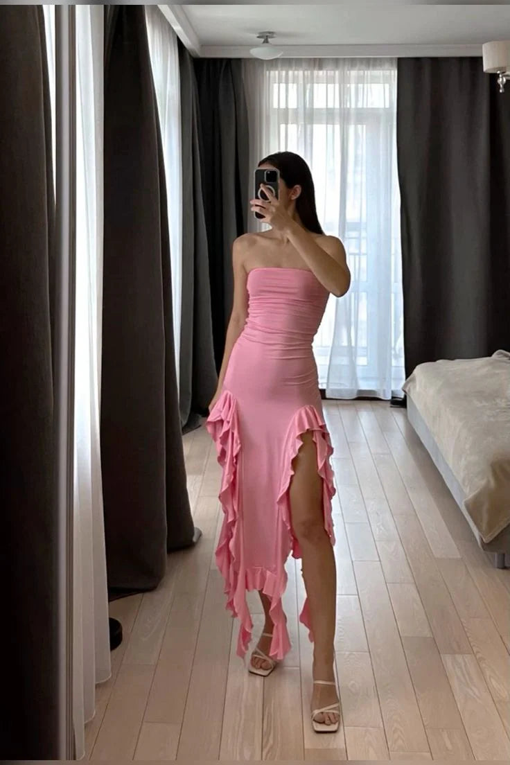 TingPo Wholesale Elegant Sexy Sheath Asymmetric Strapless Sleeveless Pink Prom Dresses Evening Gowns