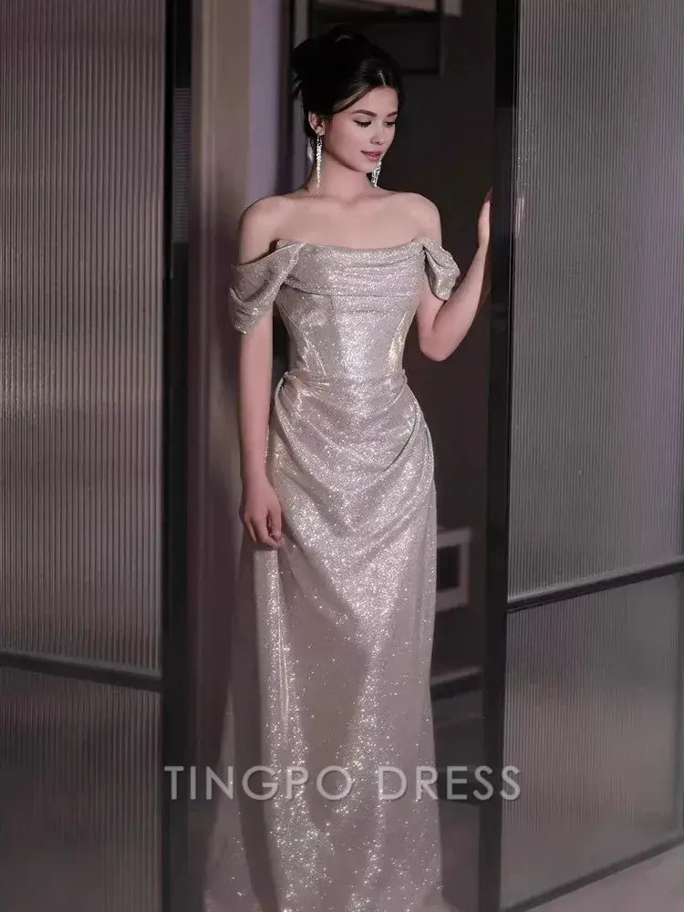 TingPo Wholesale Elegant Sexy Sheath Off The Shoulder Sequin Long Evening Dress Prom Dresses Birthday Outfits