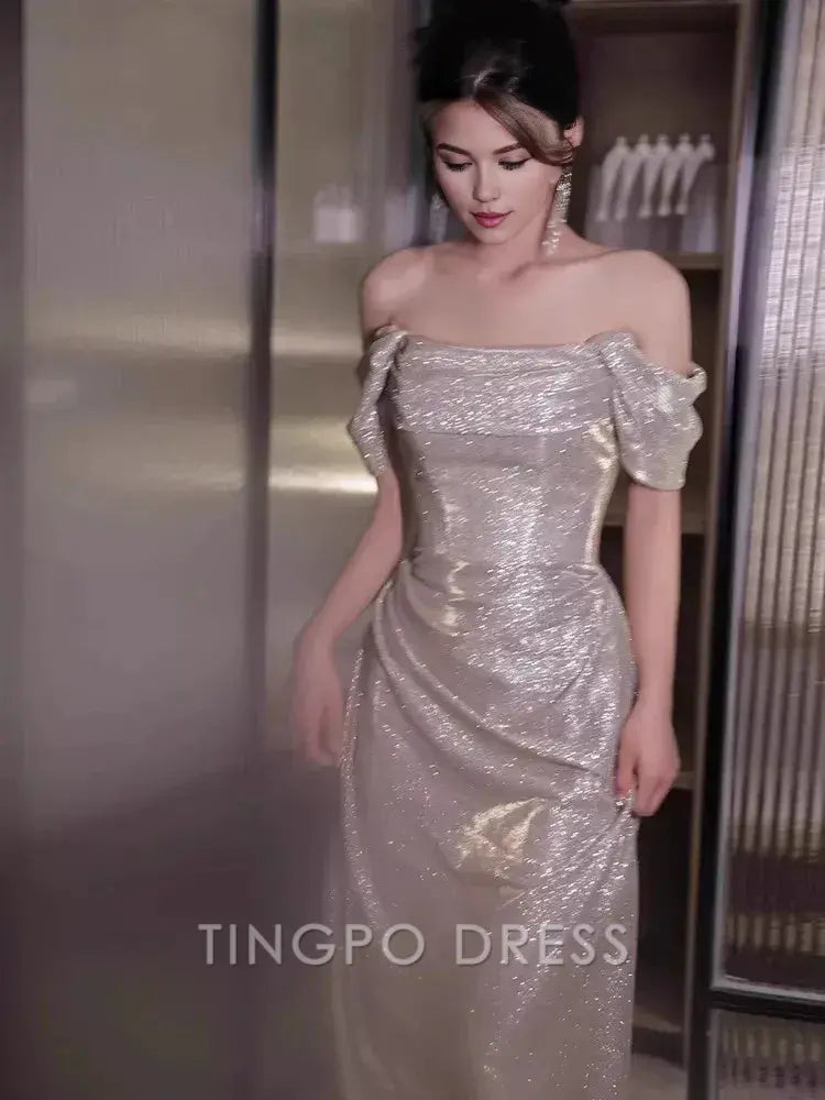 TingPo Wholesale Elegant Sexy Sheath Off The Shoulder Sequin Long Evening Dress Prom Dresses Birthday Outfits