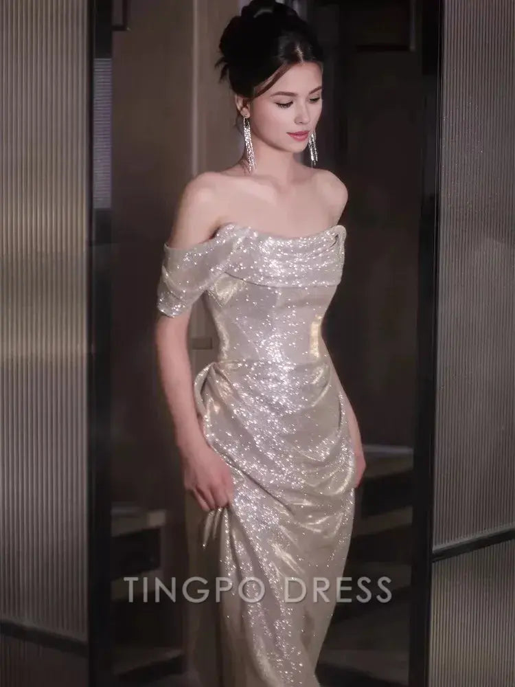 TingPo Wholesale Elegant Sexy Sheath Off The Shoulder Sequin Long Evening Dress Prom Dresses Birthday Outfits