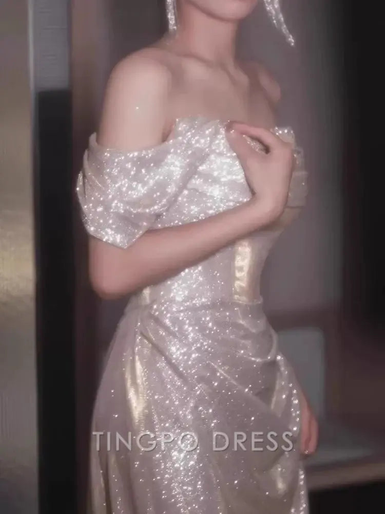 TingPo Wholesale Elegant Sexy Sheath Off The Shoulder Sequin Long Evening Dress Prom Dresses Birthday Outfits