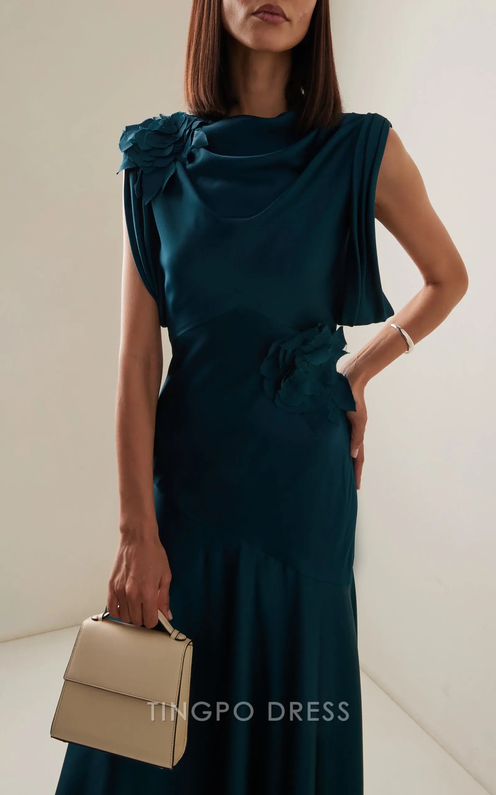 Elegant Sheath/Column Draped Neck Floral Applique Satin Maxi Dress Prom Dress