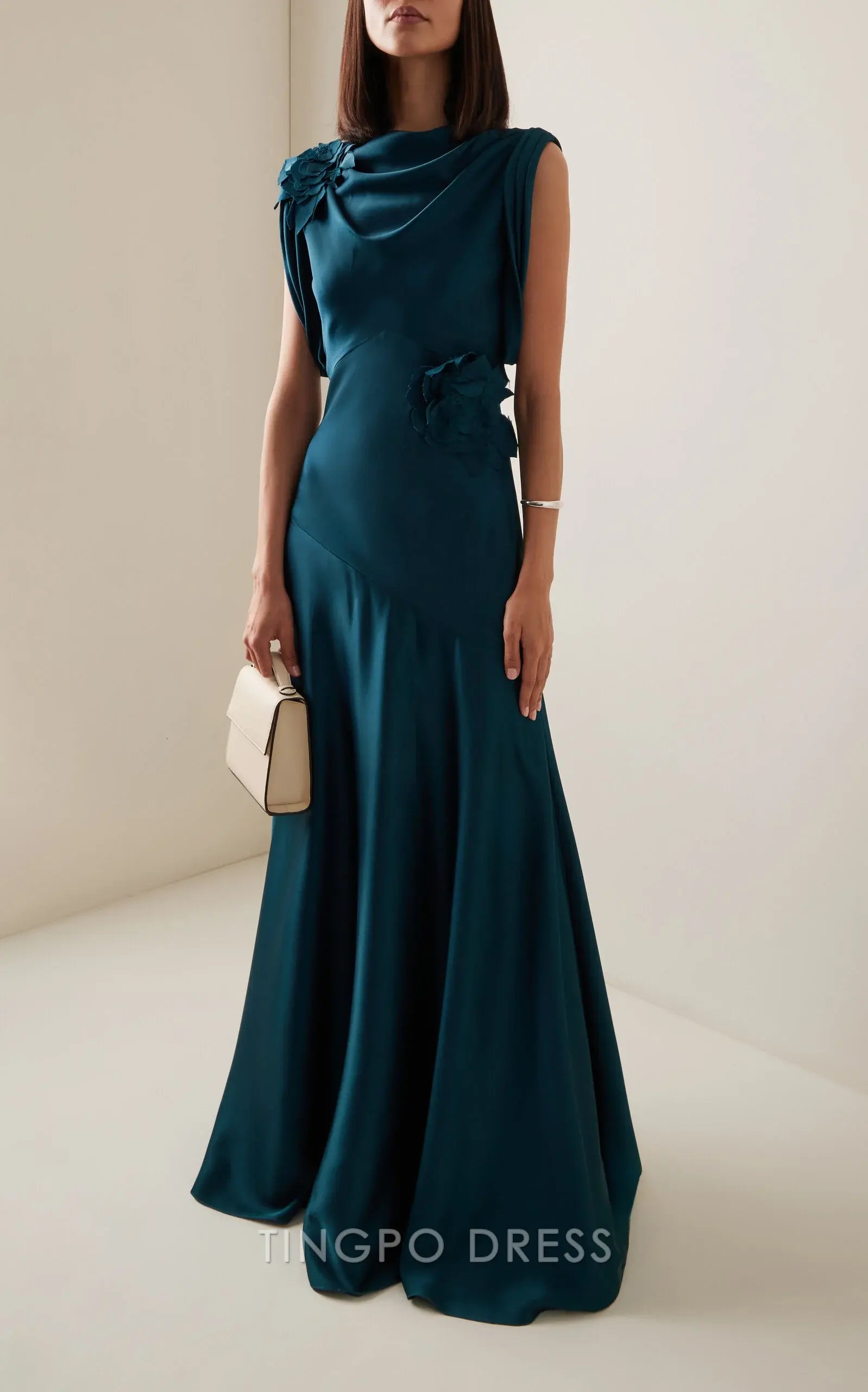 Elegant Sheath/Column Draped Neck Floral Applique Satin Maxi Dress Prom Dress