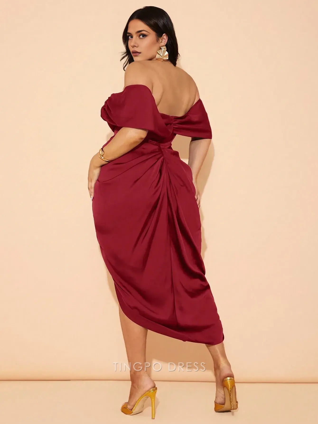 Elegant Sheath/Column Off - Shoulder Draped Side Slit Asymmetrical Midi Dress Prom Dress