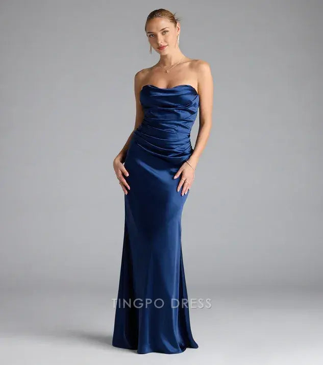 Elegant Sheath/Column Strapless Ruched Satin Mermaid Maxi Dress Prom Dress