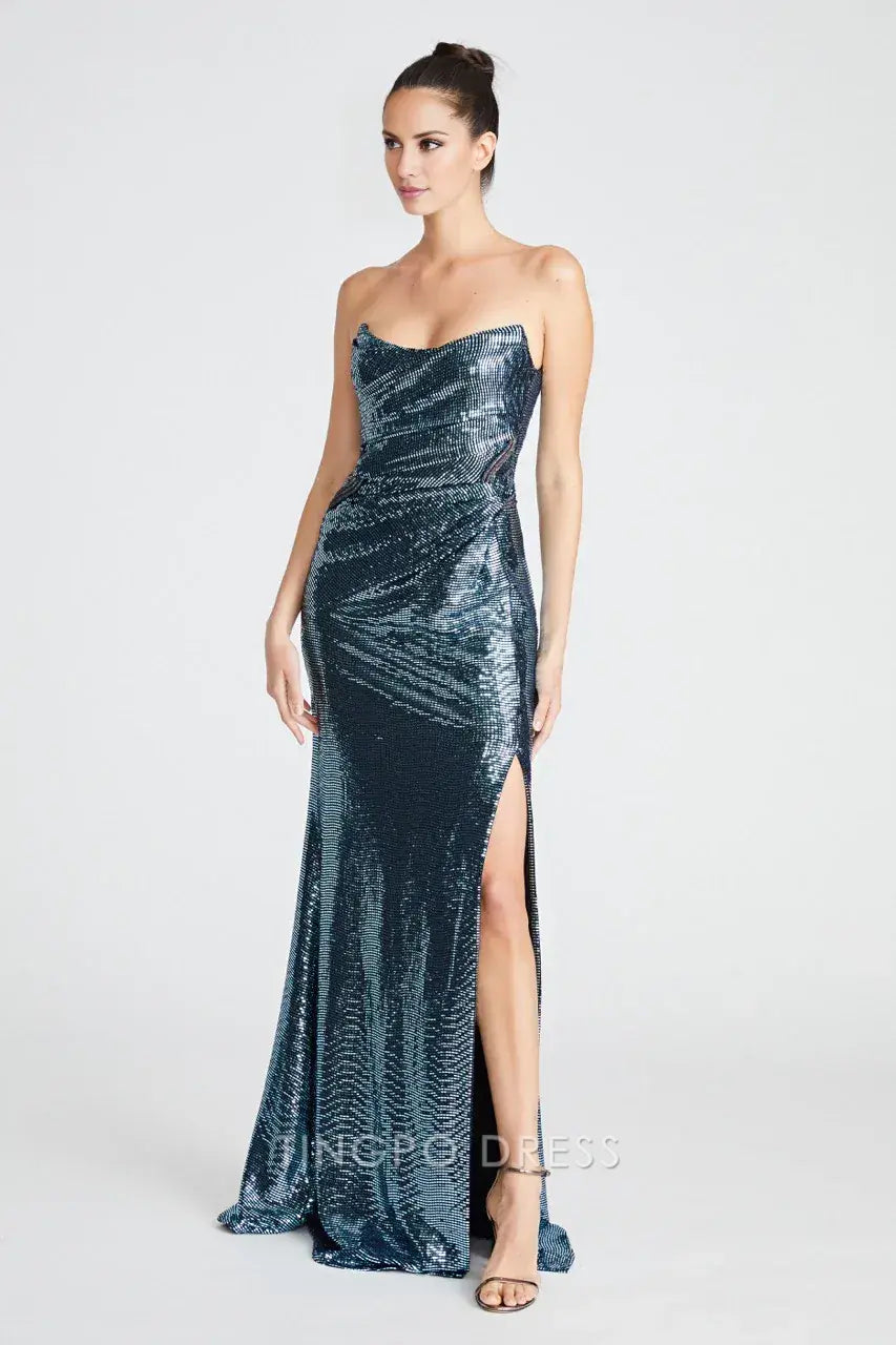 Elegant Sheath/Column Strapless Sequin Mermaid Maxi Dress with Slit Prom Dress