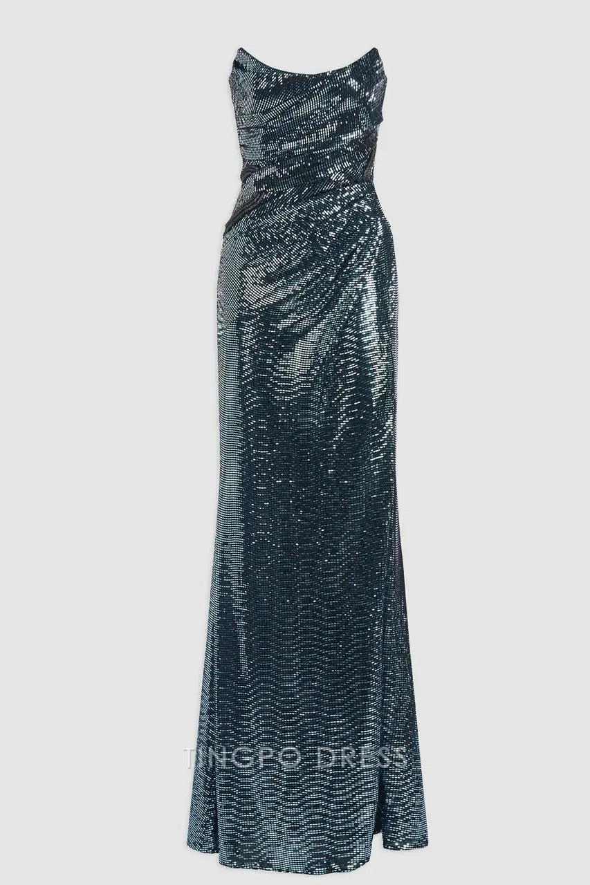 Elegant Sheath/Column Strapless Sequin Mermaid Maxi Dress with Slit Prom Dress