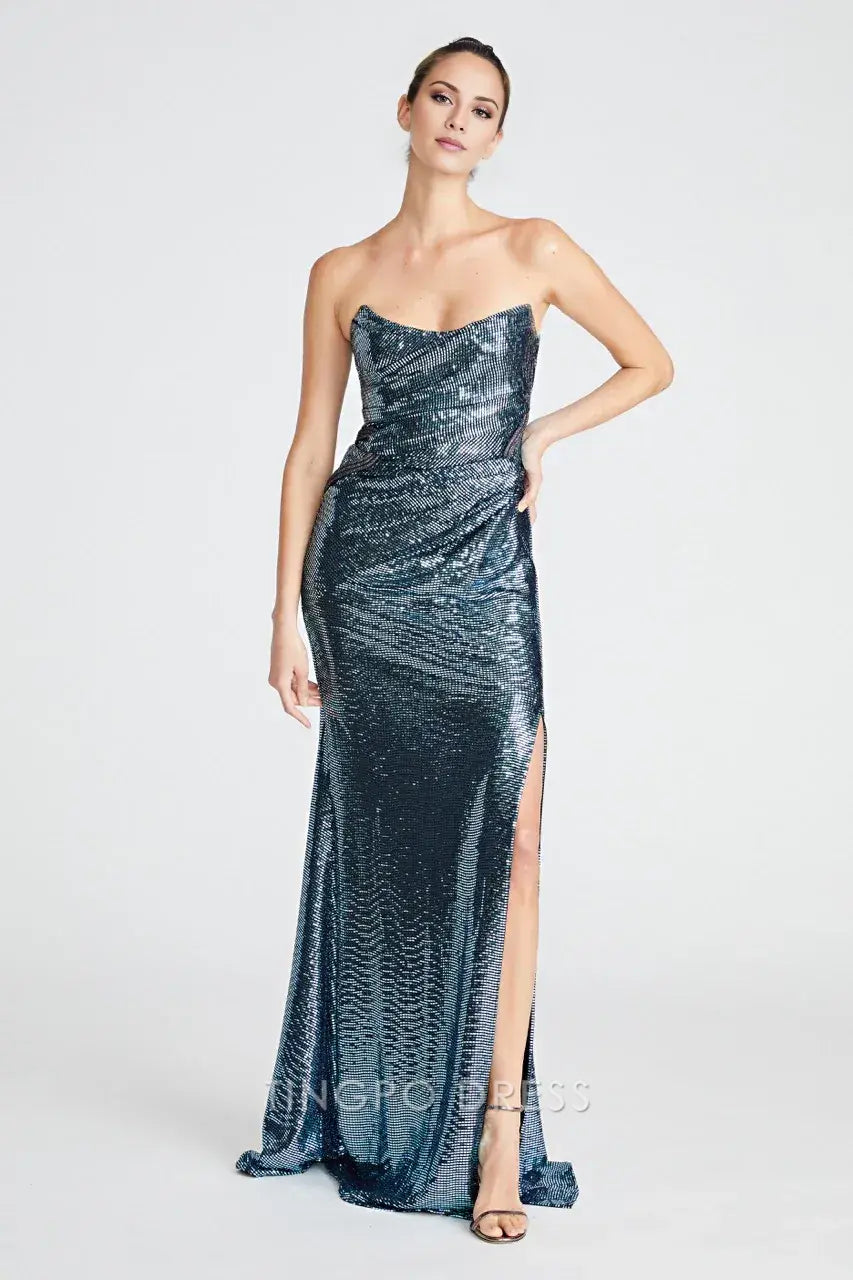 Elegant Sheath/Column Strapless Sequin Mermaid Maxi Dress with Slit Prom Dress