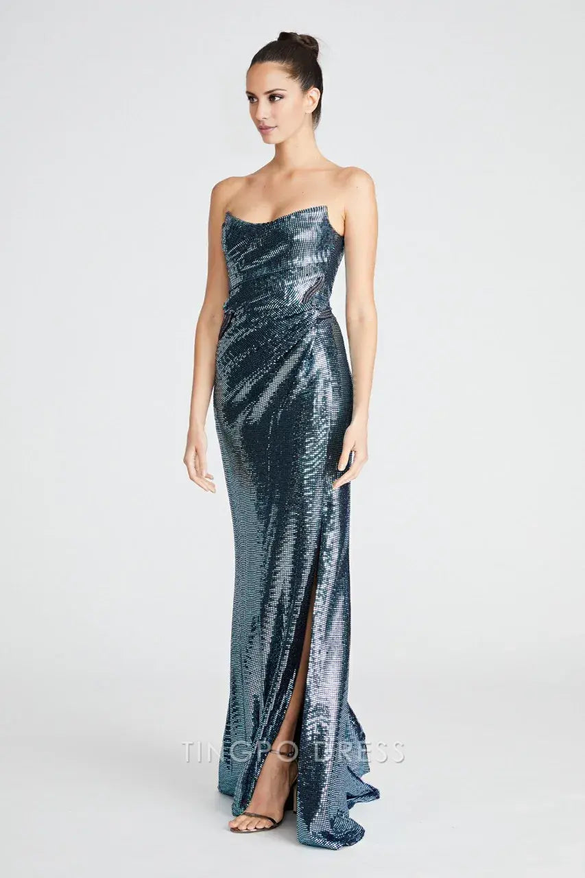 Elegant Sheath/Column Strapless Sequin Mermaid Maxi Dress with Slit Prom Dress