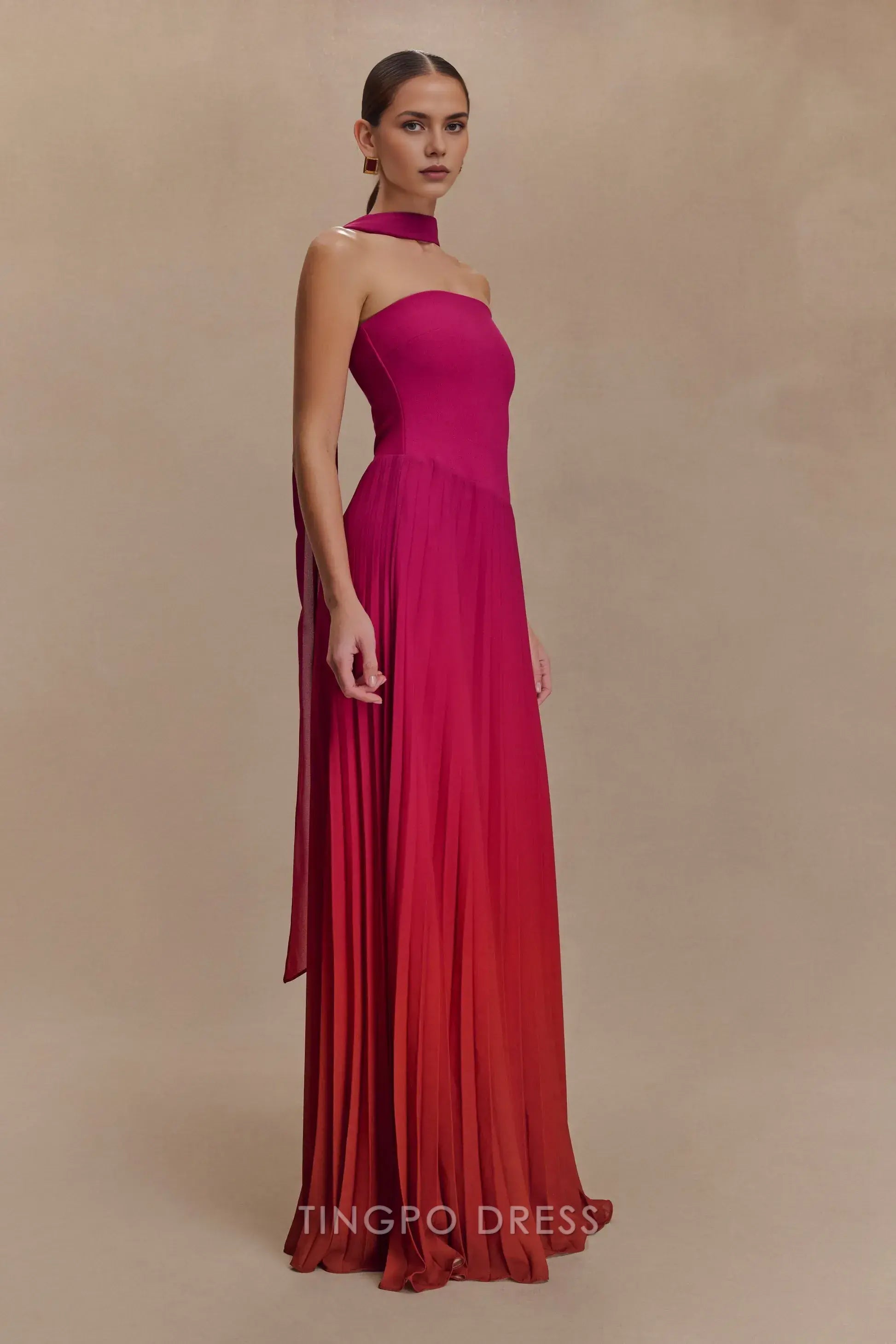 Elegant Sheath/Column Strapless Tie Neck Gradient Pleated Maxi Dress Prom Dress