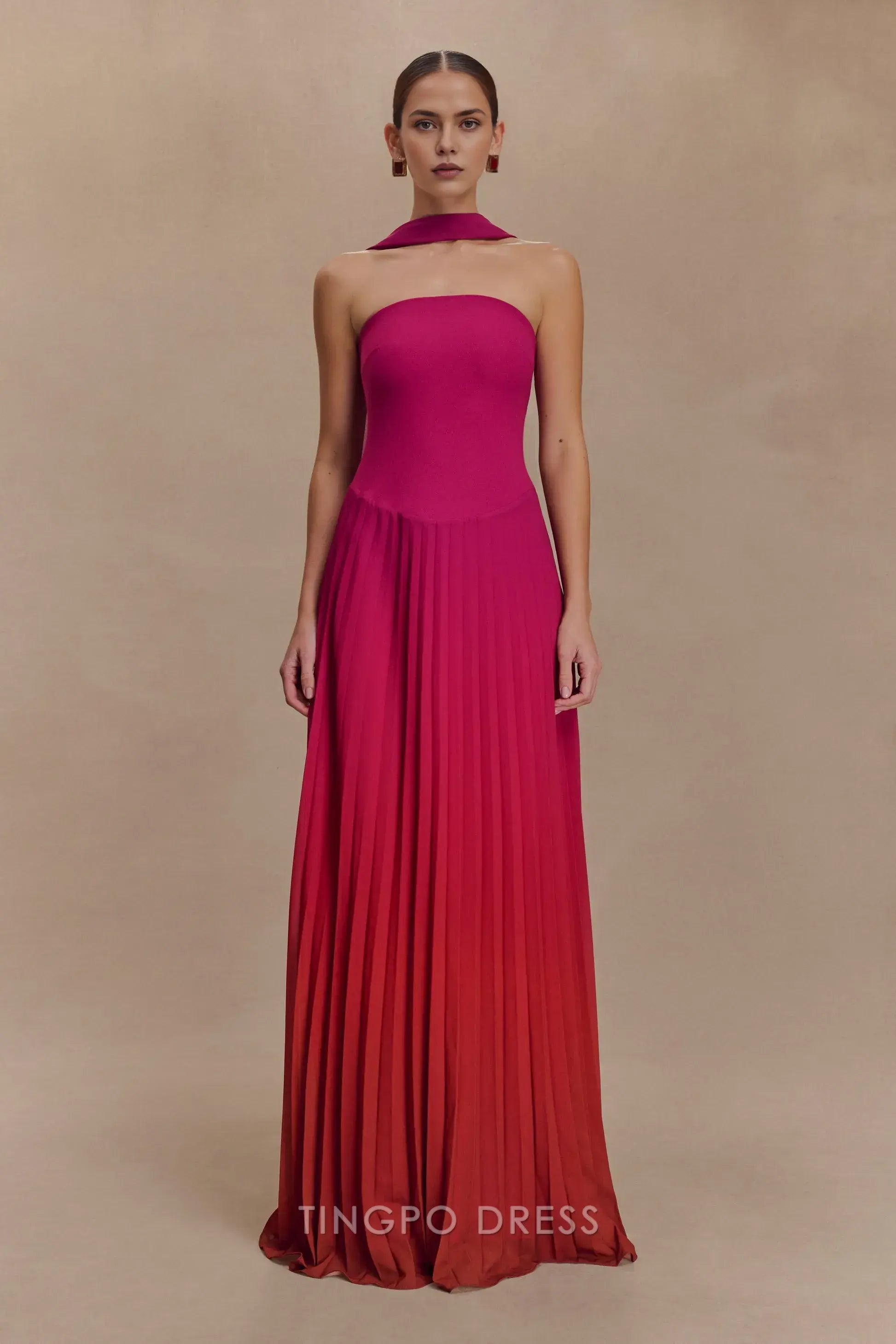 Elegant Sheath/Column Strapless Tie Neck Gradient Pleated Maxi Dress Prom Dress