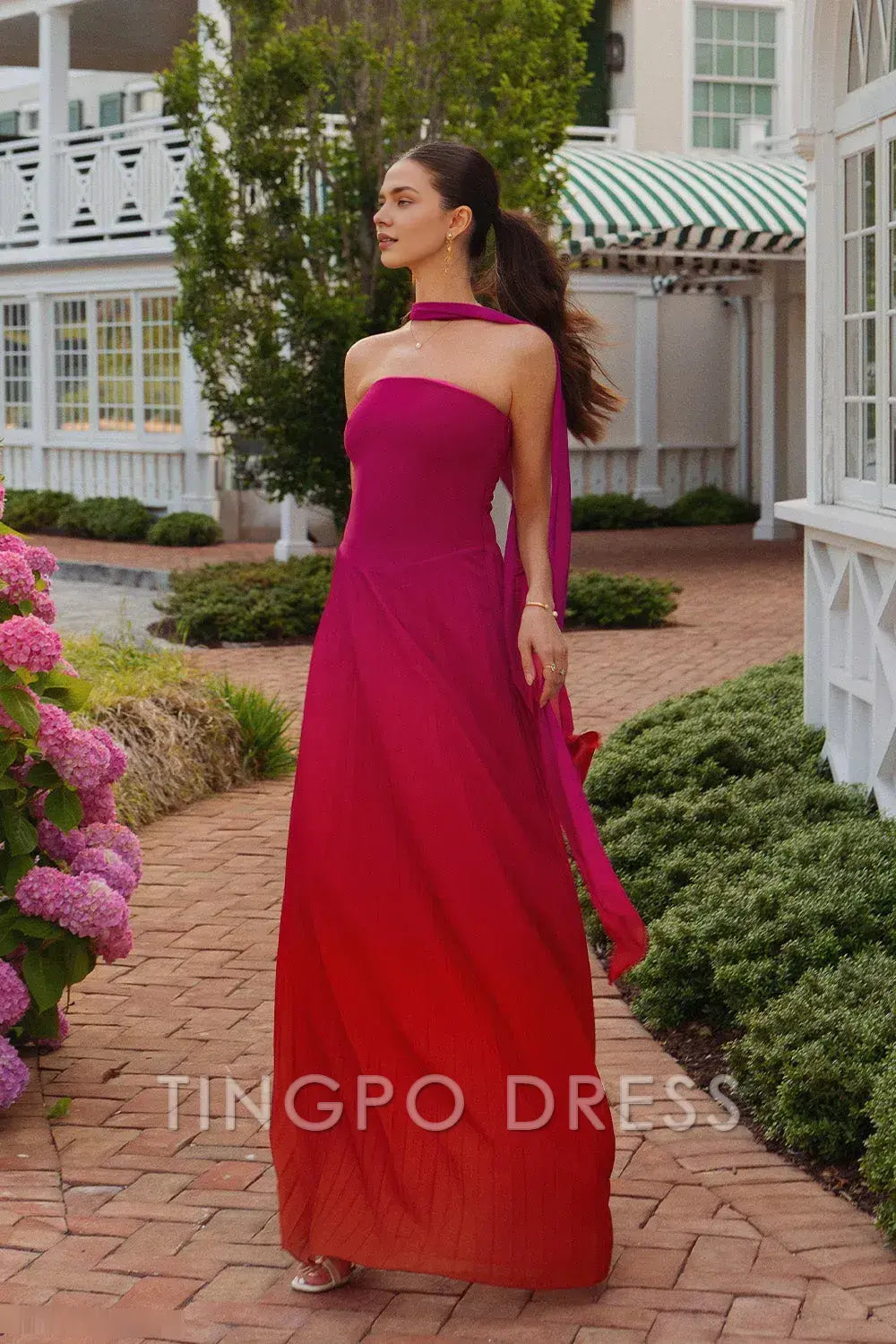Elegant Sheath/Column Strapless Tie Neck Gradient Pleated Maxi Dress Prom Dress