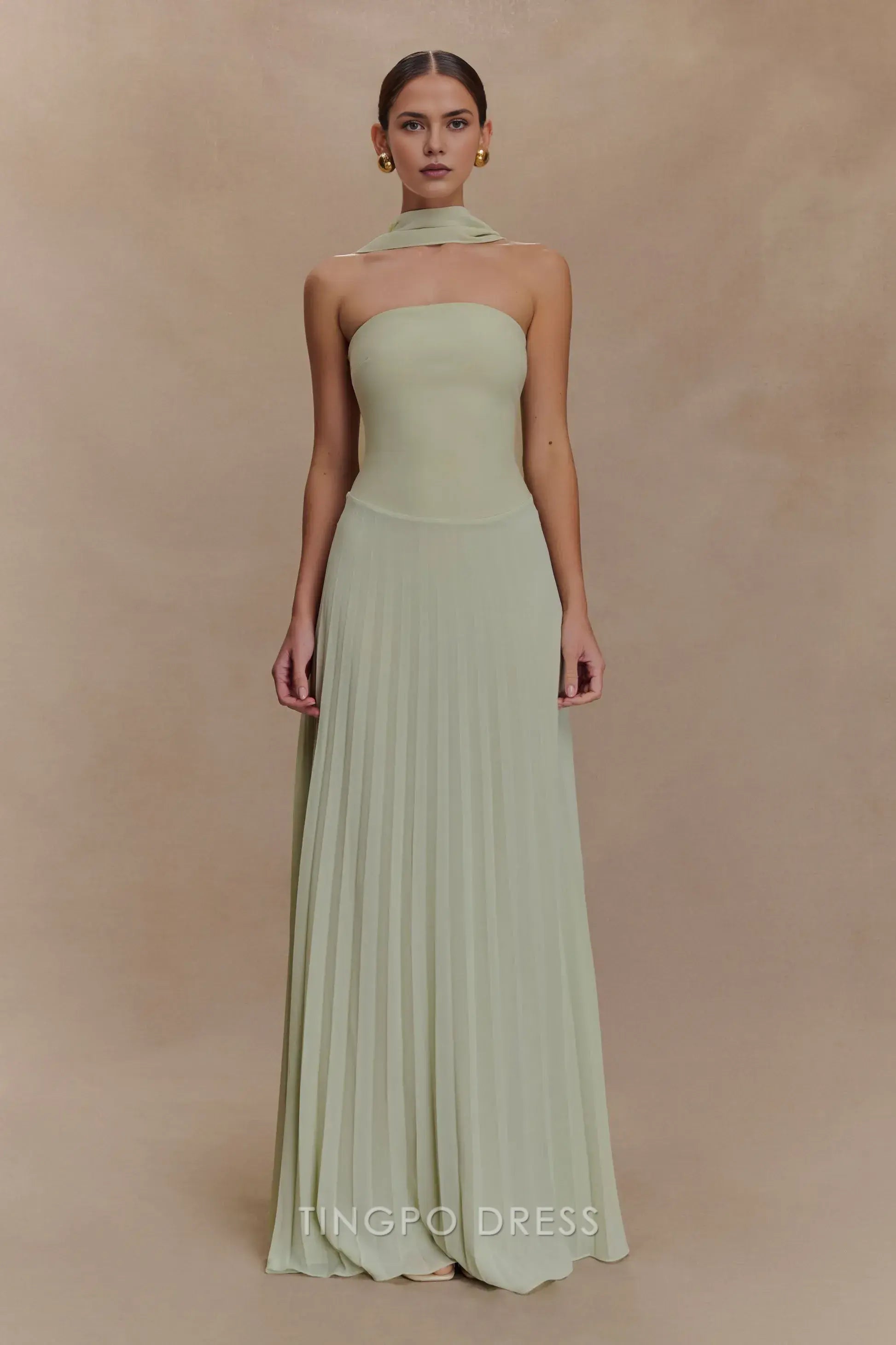 Elegant Sheath/Column Strapless Tie Neck Pleated Floor-Length Maxi Dress Prom Dress