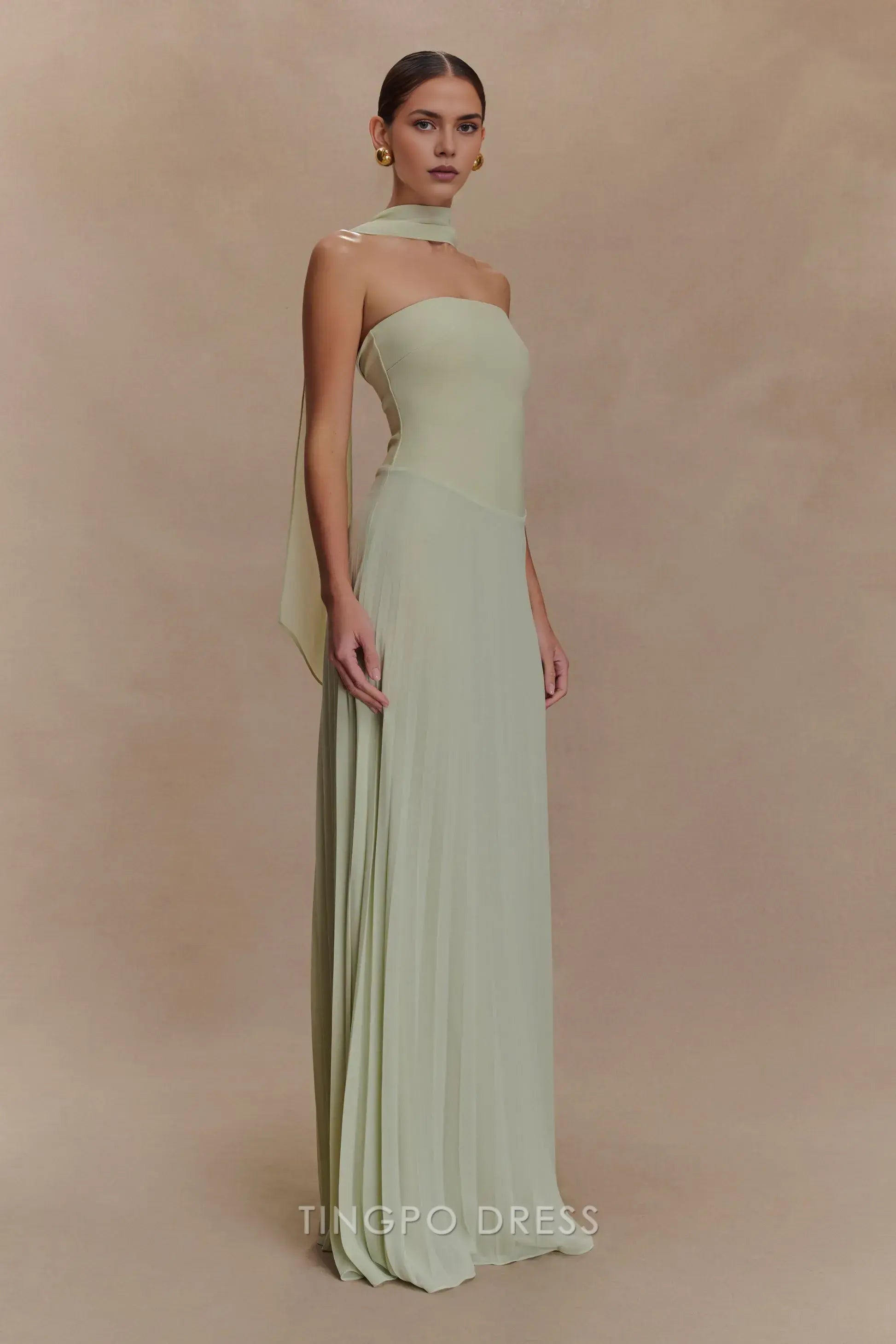 Elegant Sheath/Column Strapless Tie Neck Pleated Floor-Length Maxi Dress Prom Dress