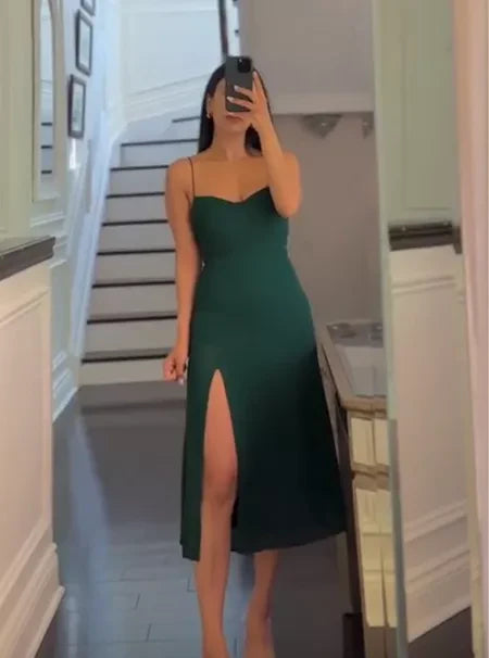 Wholesale Elegant Sheath Spaghetti Straps Satin Green Slit Prom Dresses Evening Dress formal wear dresses