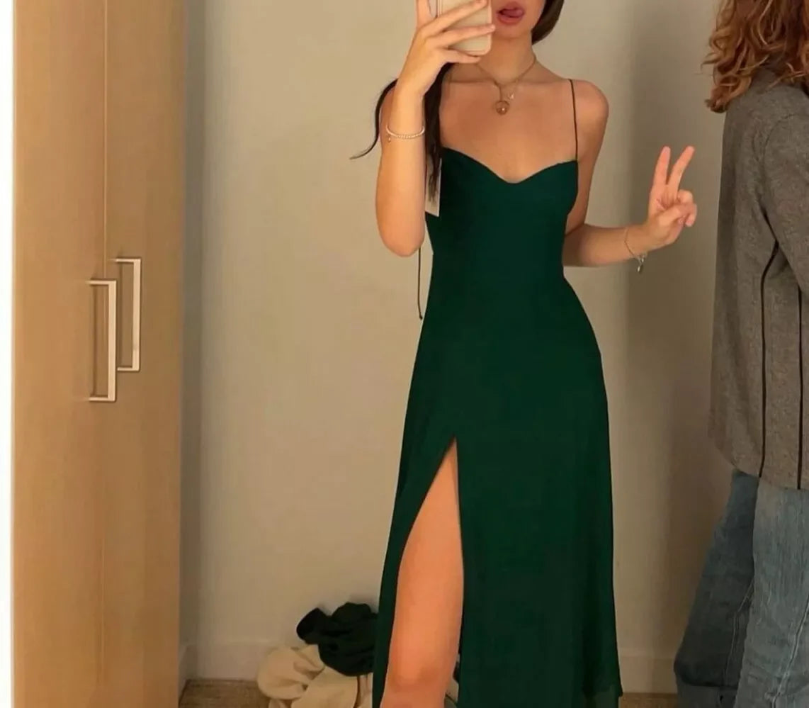 Wholesale Elegant Sheath Spaghetti Straps Satin Green Slit Prom Dresses Evening Dress formal wear dresses