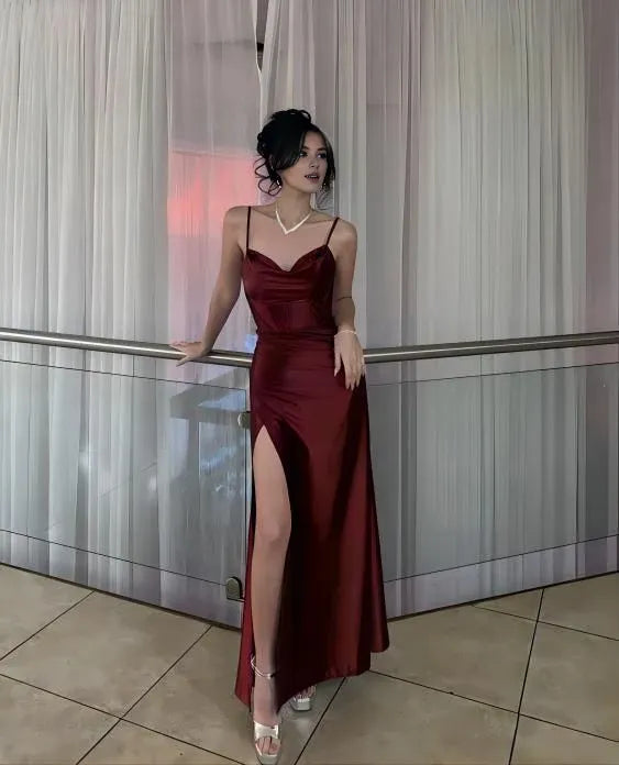 Wholesale Elegant Sheath Spaghetti Straps Slit Burgundy Long Prom Dresses Evening Dress formal wear dresses