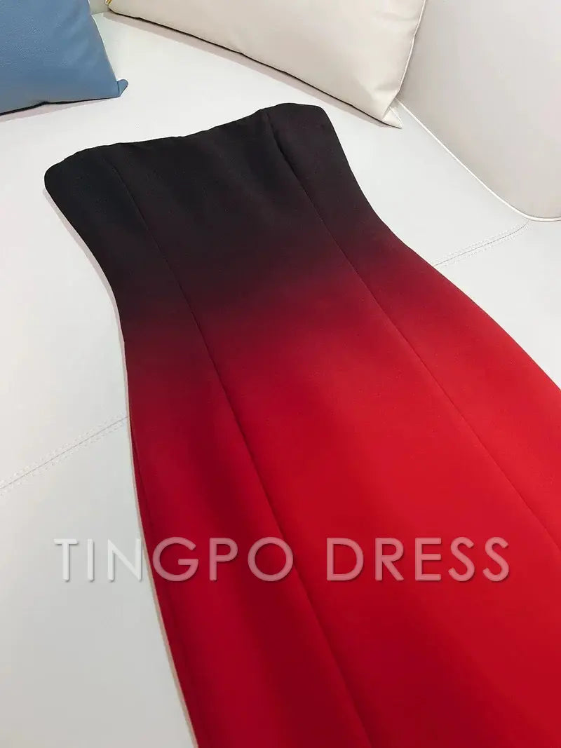 TingPo Wholesale Elegant Sheath Strapless Ombre Burgundy Red Slim Fit Satin Prom Dress Evening Dresses