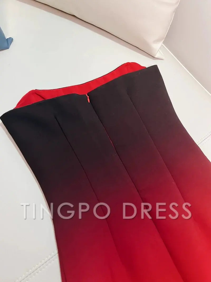 TingPo Wholesale Elegant Sheath Strapless Ombre Burgundy Red Slim Fit Satin Prom Dress Evening Dresses
