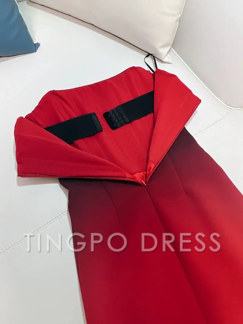 TingPo Wholesale Elegant Sheath Strapless Ombre Burgundy Red Slim Fit Satin Prom Dress Evening Dresses