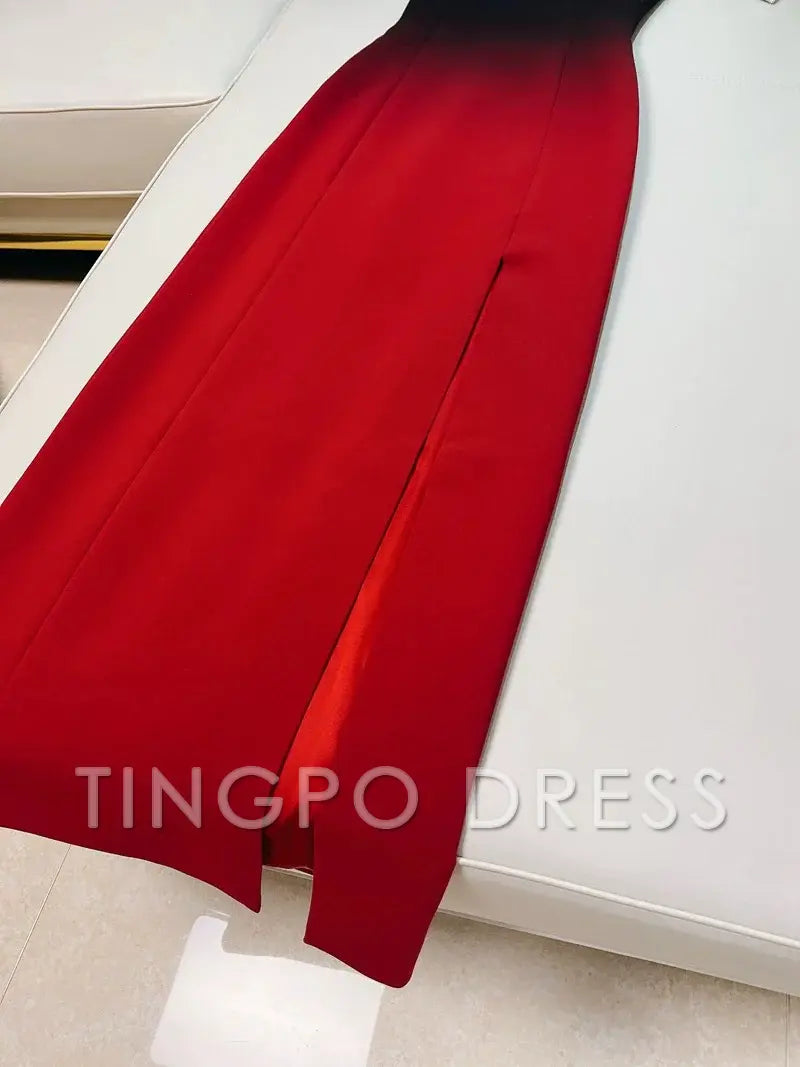 TingPo Wholesale Elegant Sheath Strapless Ombre Burgundy Red Slim Fit Satin Prom Dress Evening Dresses