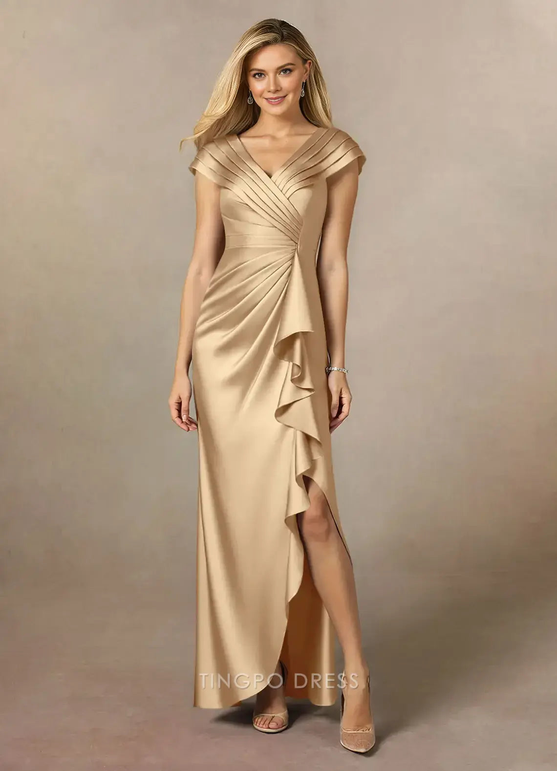 Elegant Sheath V Neck Cap Sleeve Back Zip Asymmetrical Side Slit Mother of the Bride Dress