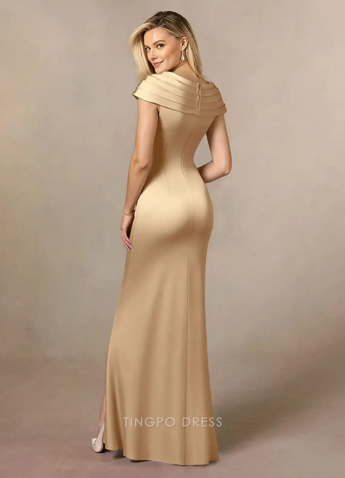 Elegant Sheath V Neck Cap Sleeve Back Zip Asymmetrical Side Slit Mother of the Bride Dress