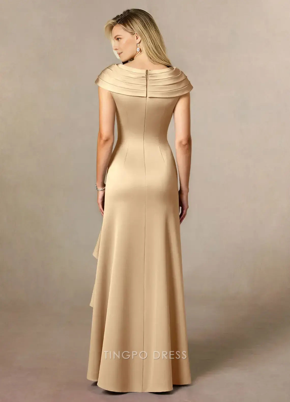 Elegant Sheath V Neck Cap Sleeve Back Zip Asymmetrical Side Slit Mother of the Bride Dress